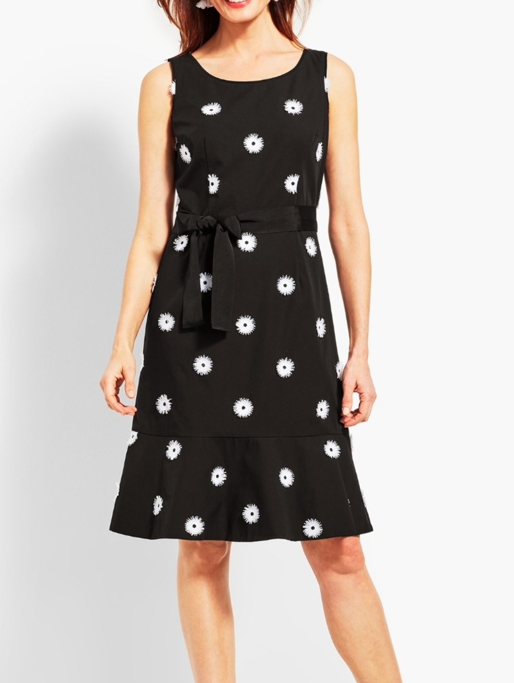 Talbots Flower Applique Fit and Flare Tie Waist Cotton Dress Black/White 16